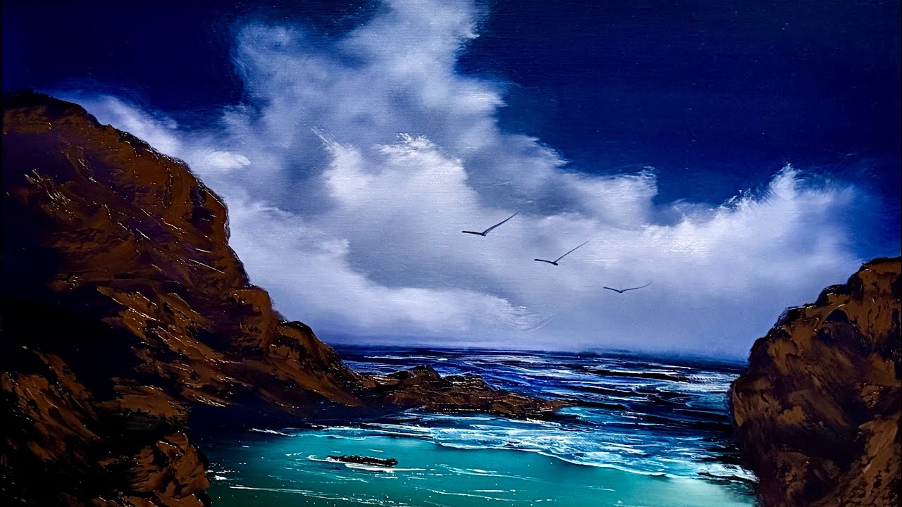 Полная версия на весь экран - Урок по морскому пейзажу с #PaintWithJosh #BobRoss #PaintingTutoria...