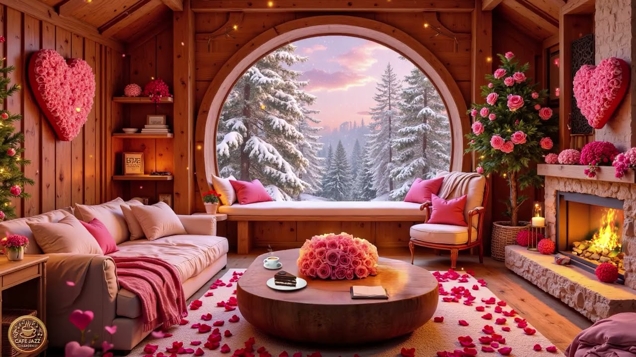 Valentine's Day Serenity 🌹 Snowy Cabin Jazz | Warm Morning Fireplace & Calm Focus