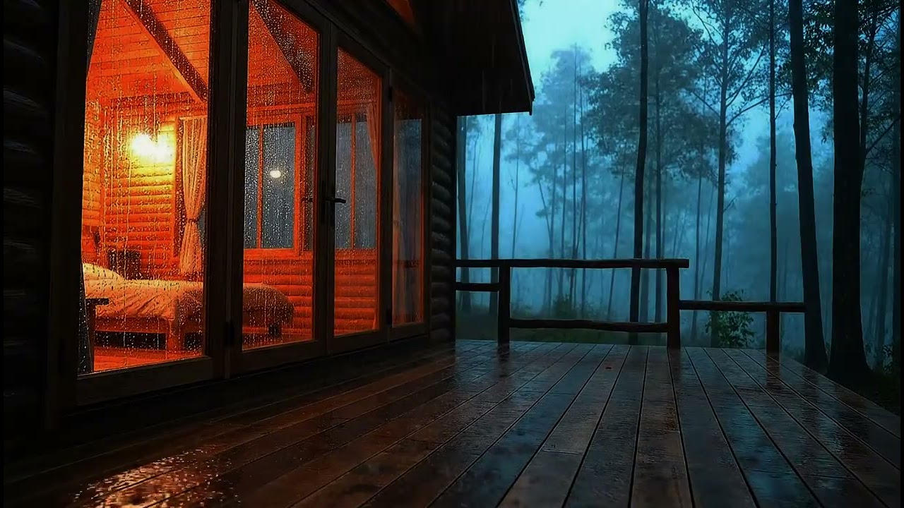 Rainfall and Crackling Fireplace in a Cabin ASMR for Deep Sleep
