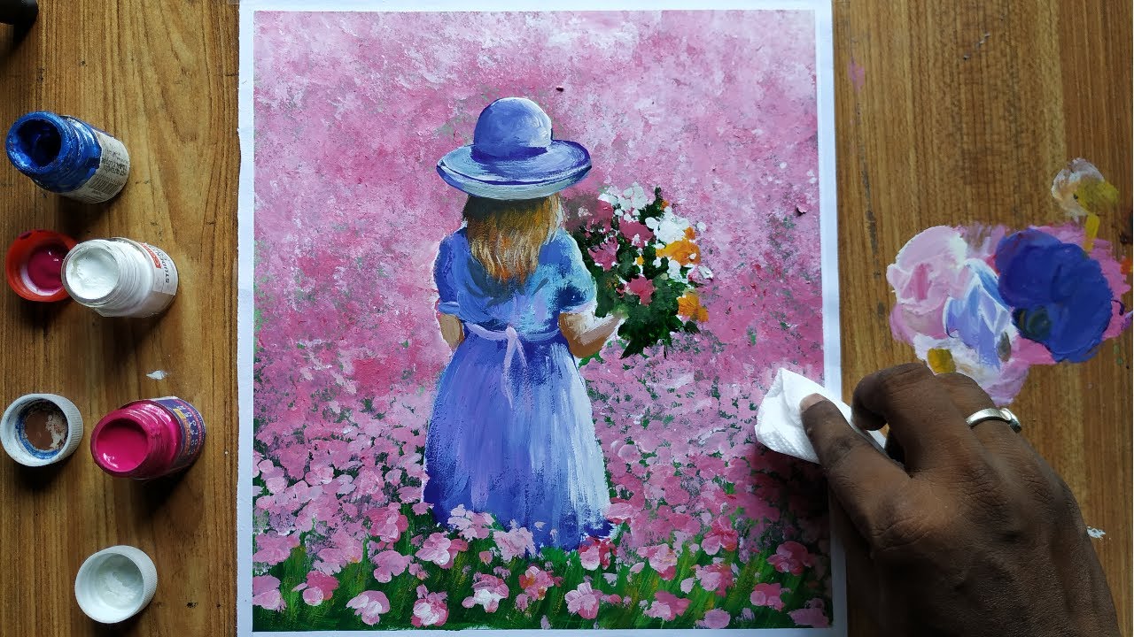 how to draw a girl with flowers -step by step poster color drawing=abstract acrylic painting,