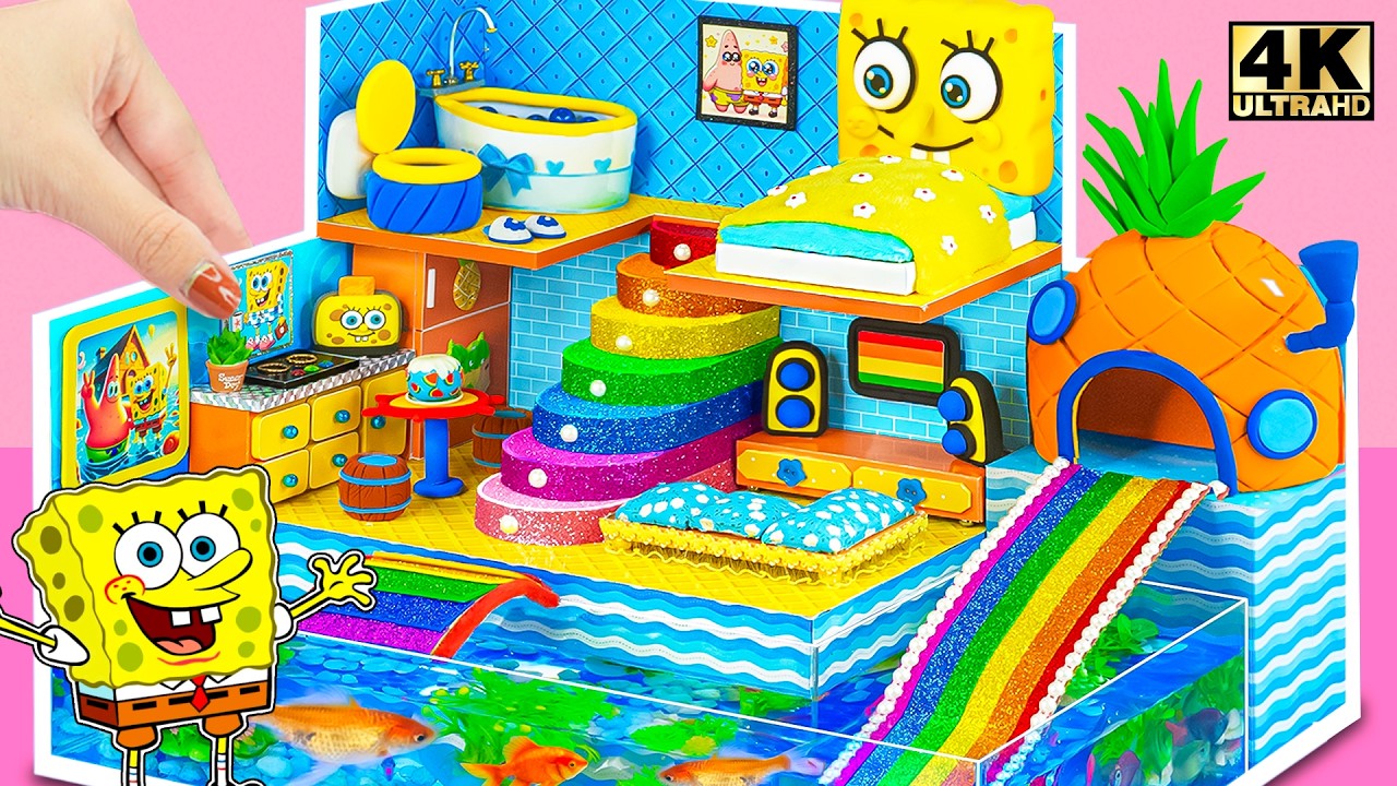 SpongeBob Mini DIY Idea 🧽 Make SpongeBob Miniature House with Rainbow Slide, Aquarium from Cardboard