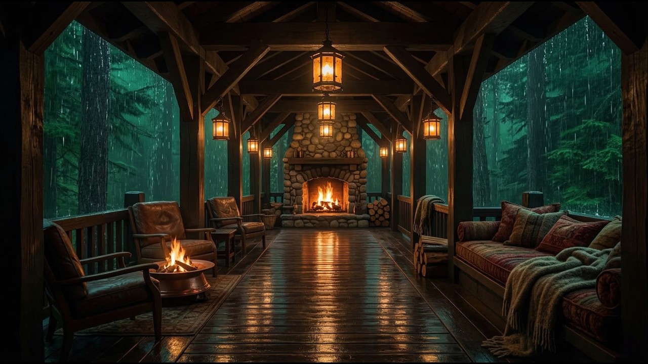 Cozy Cabin Porch Ambience in a Rainy Forest with Warm Fire Sounds for Anxiety Relief