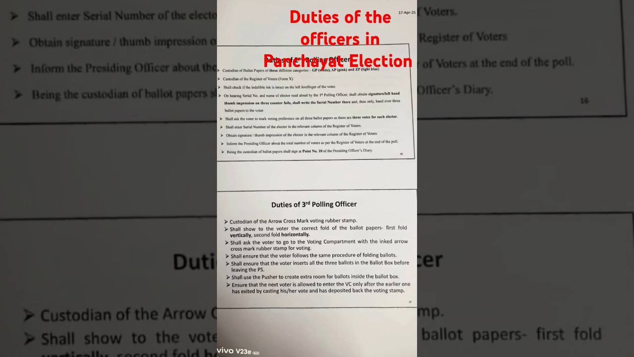 Duties of the 1st Polling Officer and 2nd Polling officer in Panchayat Election.