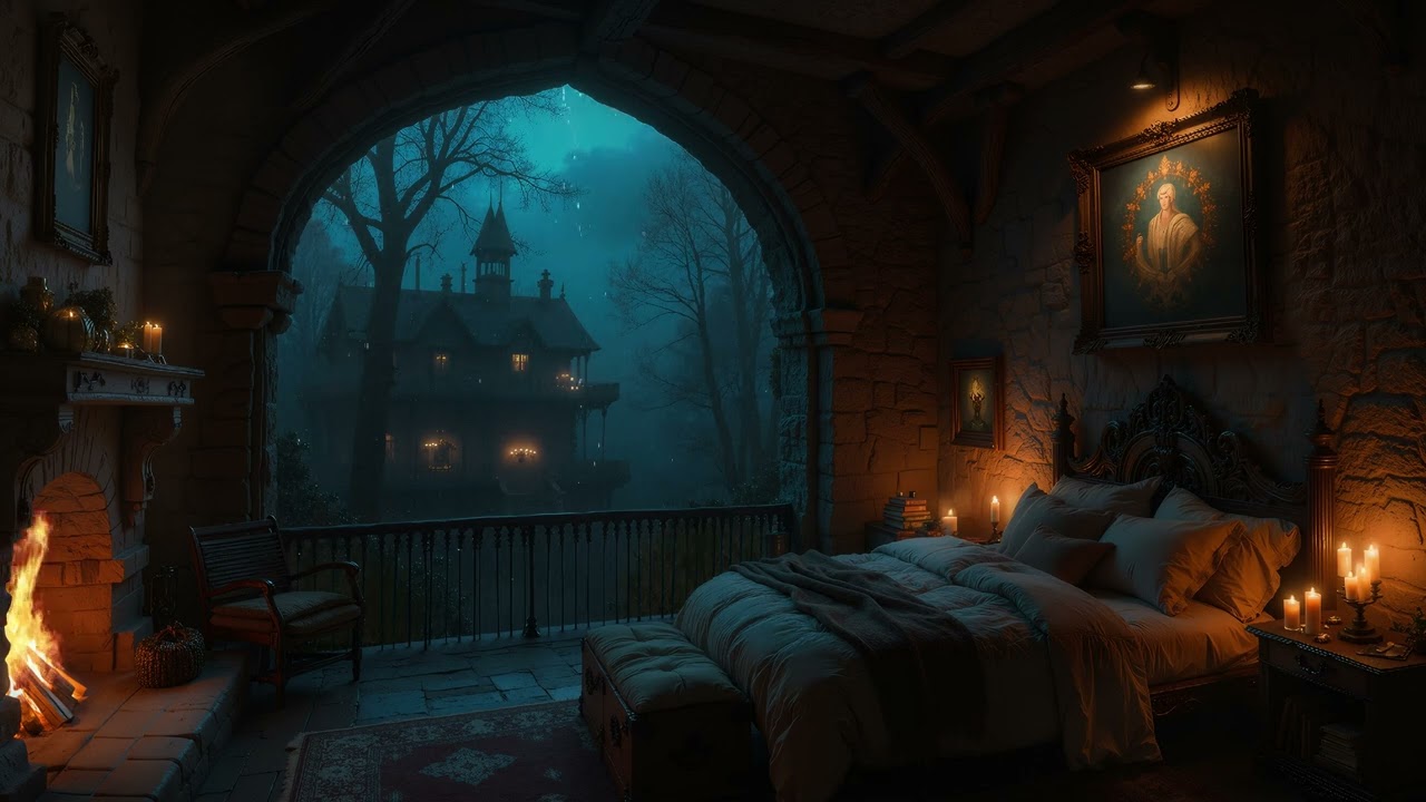 Relaxing Rainforest Balcony 🌧️ Thunder, Rain & Fireplace Ambience