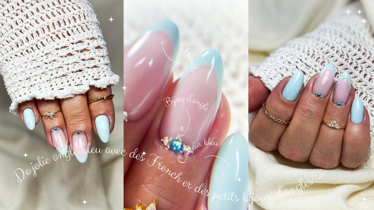 De jolies choses ongles bleus pour avec des French et des petits pois bijoux d’ongles