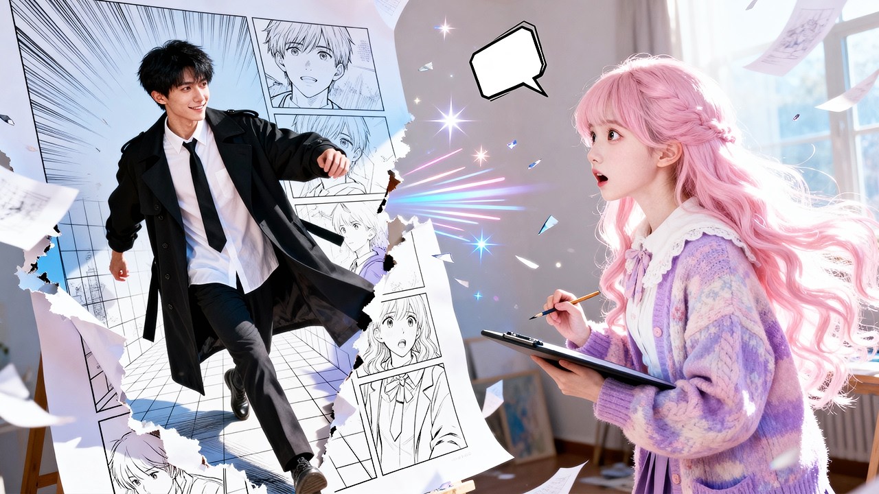 少女創作的漫畫男主撕開紙張闖入現實世界，少女目瞪口呆，而他看著她笑得危險又深情；現實與虛構重疊，愛情失控展開！#精彩短劇 #短劇全集 #甜寵