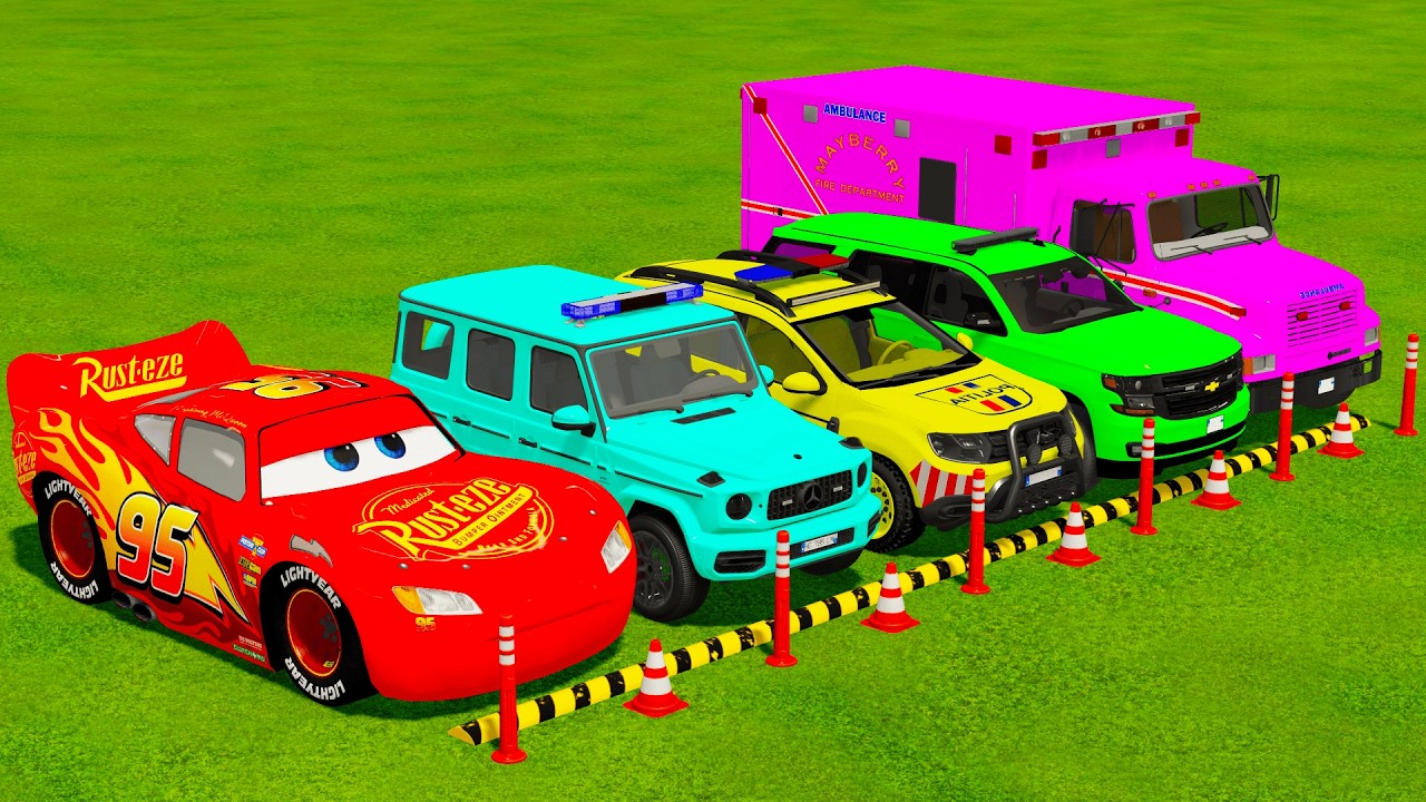TRANSPORTING MORE CARS MCQUEEN, MERCEDES, DACIA, AMBULANCE ENGINE ON MAN TRUCK