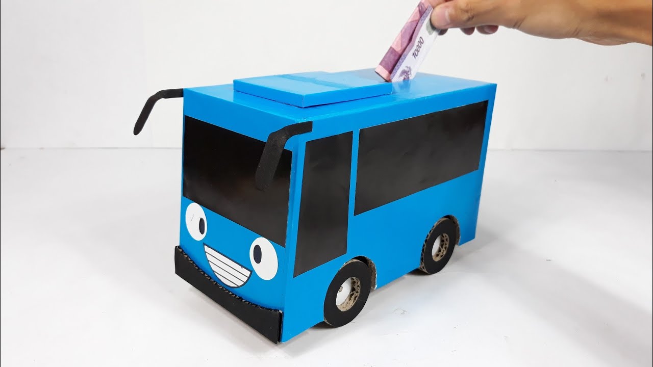 Cara membuat celengan bus tayo dari kardus