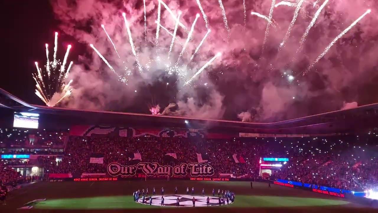 Slavia Praha - Athletic club Bilbao 25.11.2025 fireworks and anthem