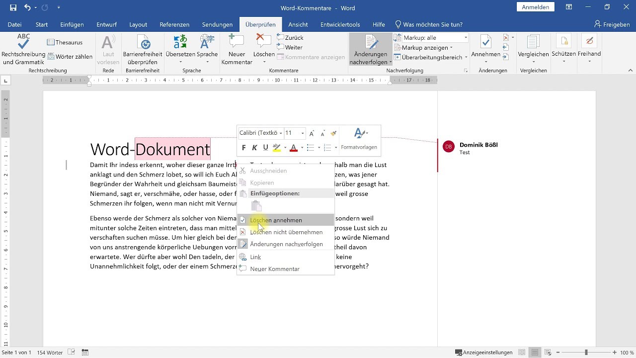 Kommentare einf&uuml;gen und Nachverfolgung von &Auml;nderungen: Dokument im Team bearbeiten &ndash; Word-Tutorial