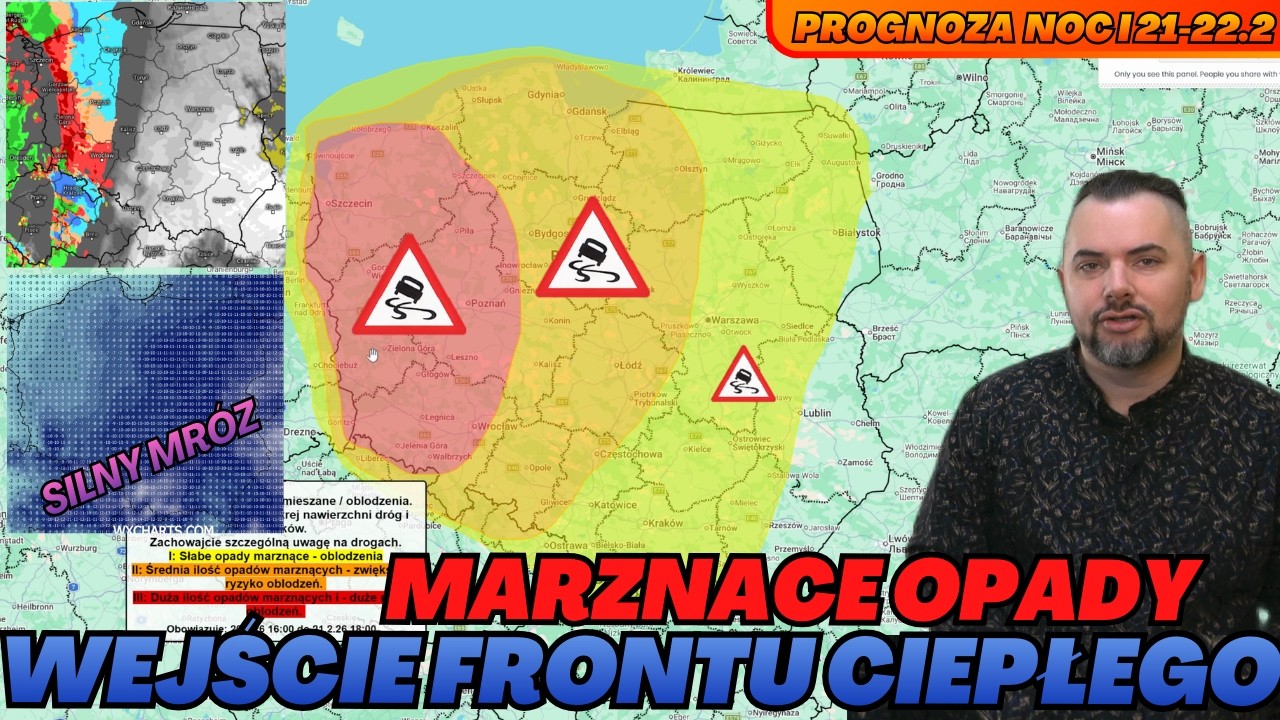 Opady marznące i oblodzenia. Wzrost temperatur. Front ciepły nad Polską.  Prognoza