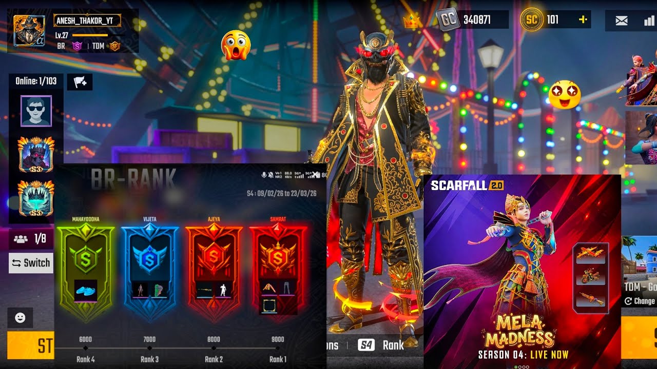 Scarfall 2.0 New Season 4 BR & TDM Rank Start Gameplay 🥷 & Mela Madness Scarpass 🥳 ( 11.02.2026 )
