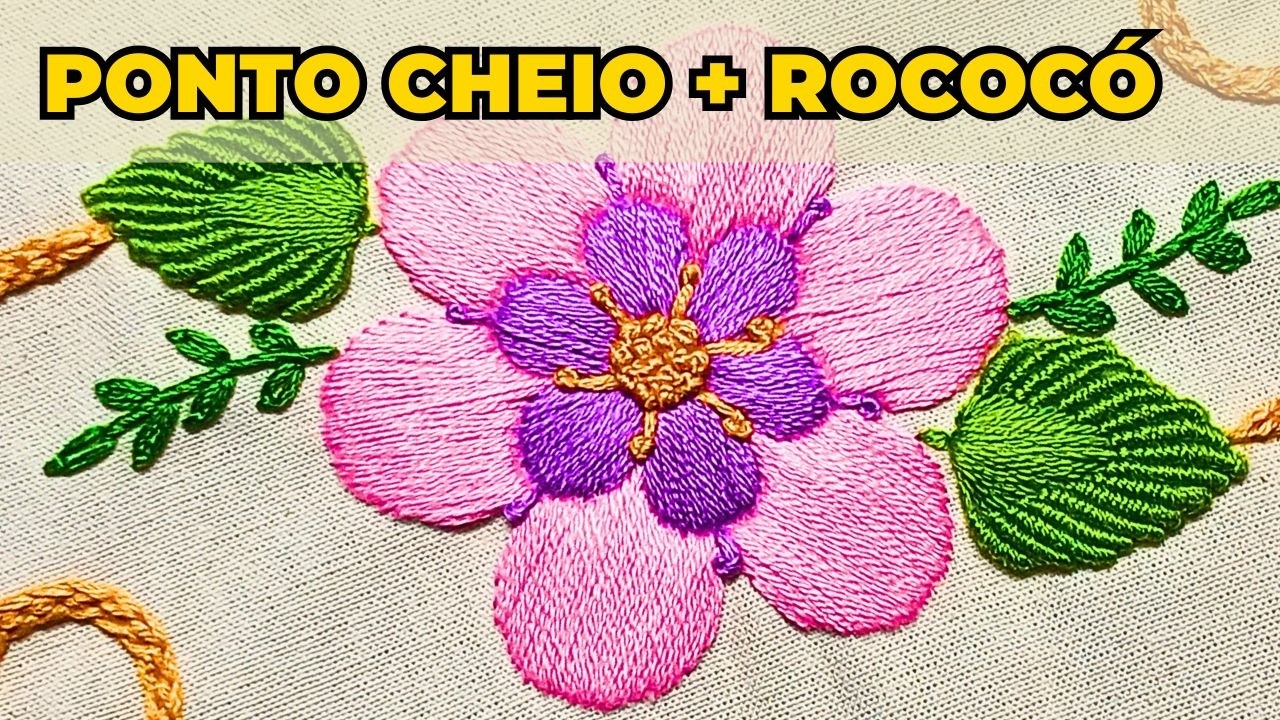 Lindo arranjo floral bordado à mão🌹Flor em ponto cheio e folhas em rococó🌹corrente húngara