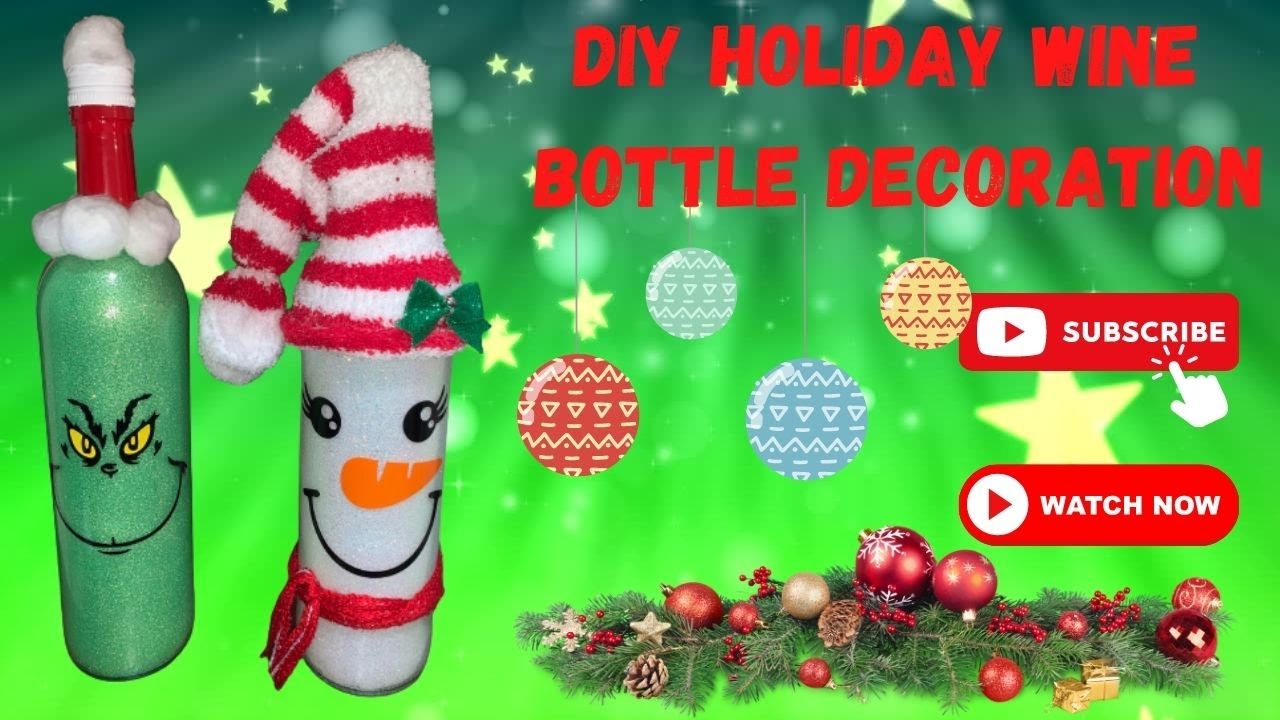 DIY glitter wine bottle holiday decoration using Dollar Tree products.