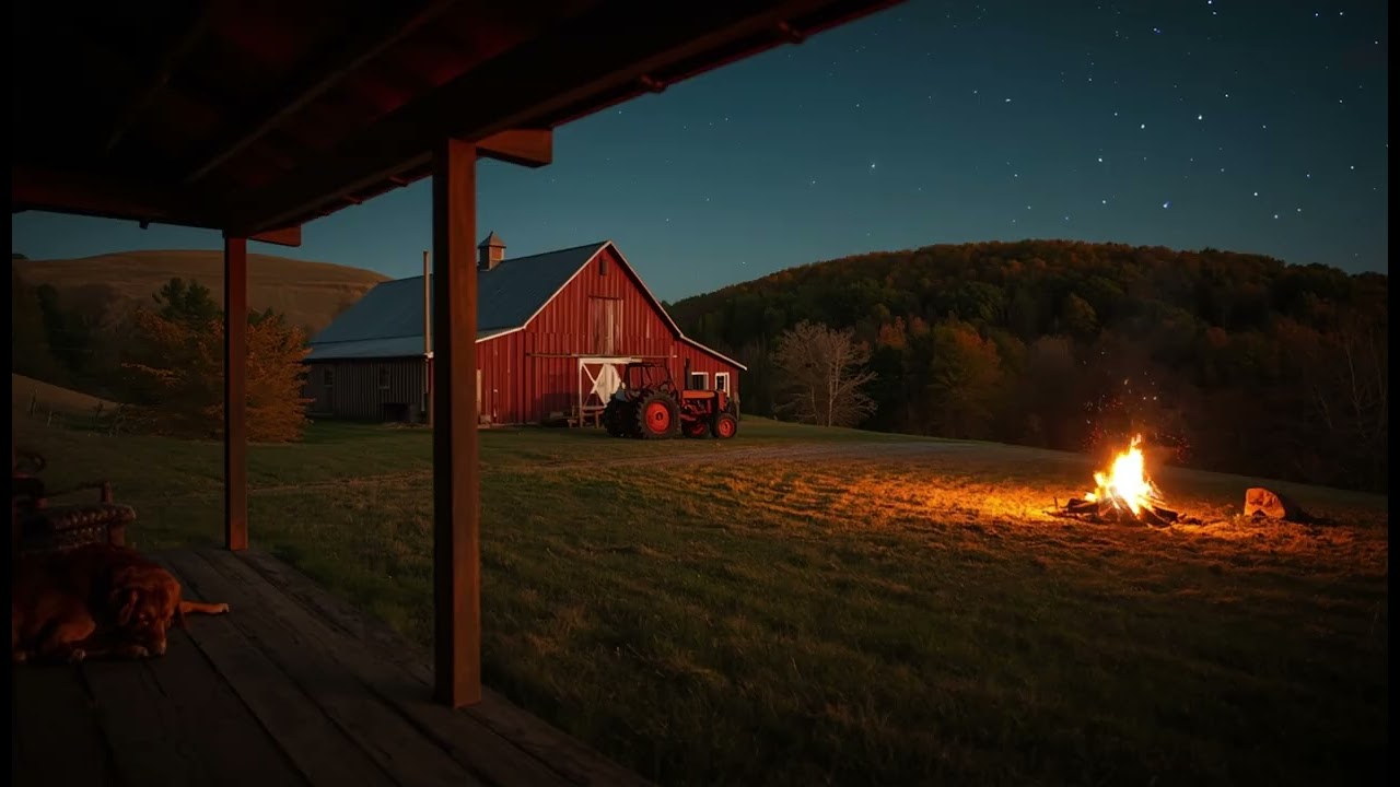 Peaceful Farm Evening Ambience 🌾 Campfire, Red Barn & Sleeping Dog — Cozy Countryside Escape