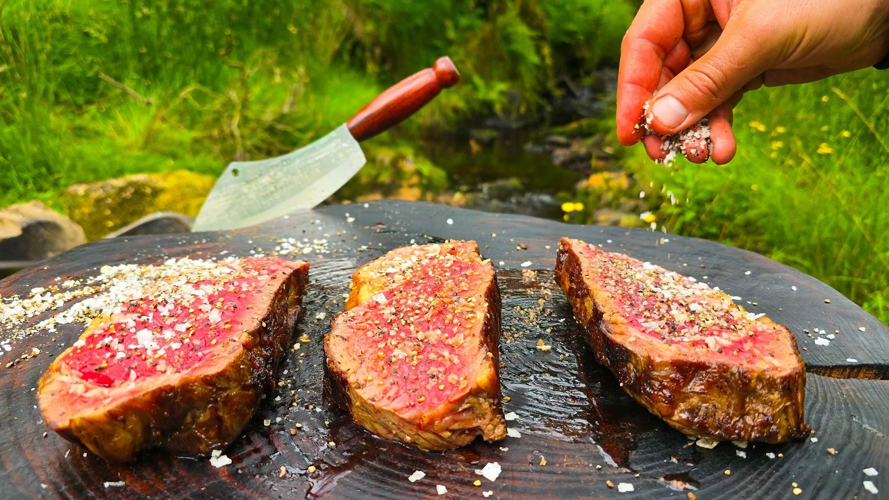 JUICY SIRLOIN STEAK with BAKED POTATOES (Stone Oven ASMR Cooking)