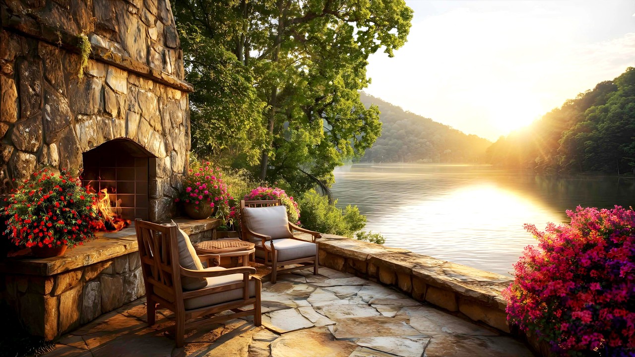 Fireplace Sounds on Terrace | Birds Singing | Relaxing Ambience