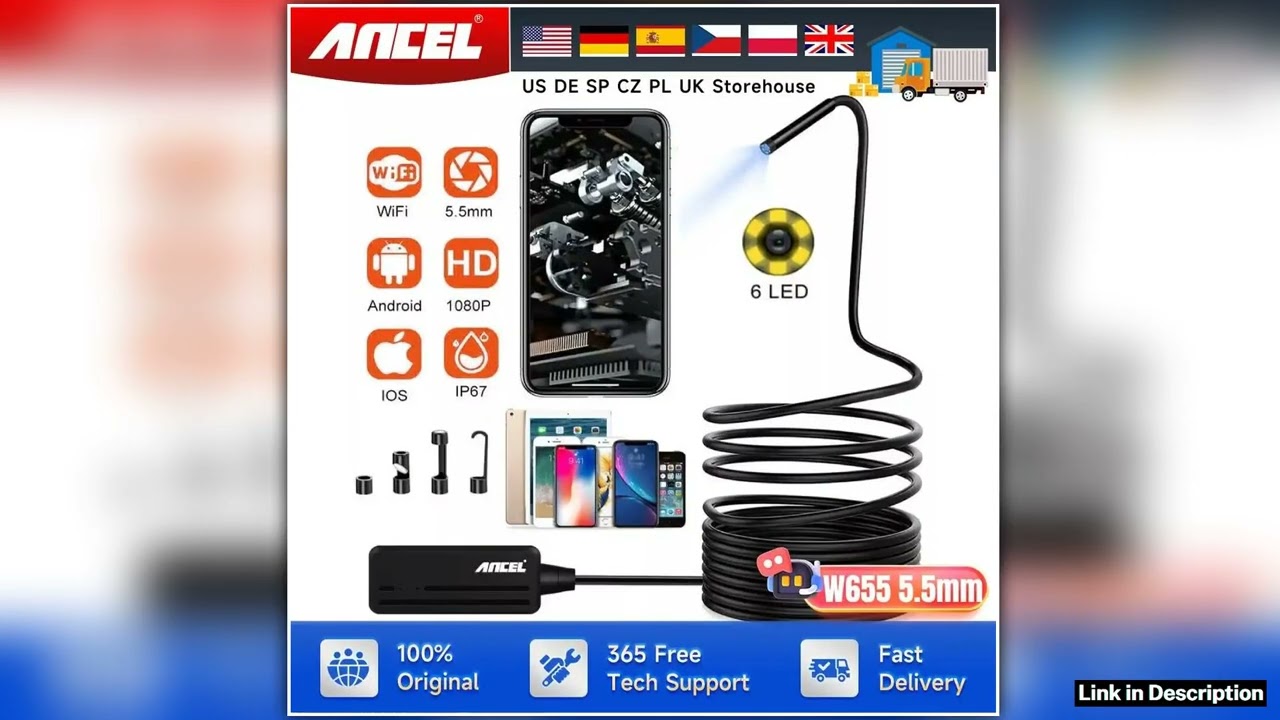 ANCEL W655 55mm wifi HD Endoscope Inspection Camera Waterproof Borescope 1080P 6500K 55mm Scanner A