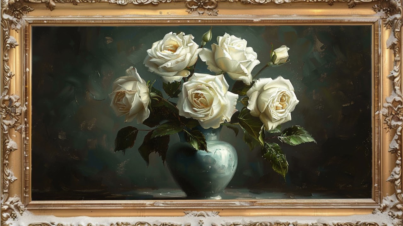 White Roses Painting | Gold Framed Vintage Art | 2 Hours | 4K TV Background | Art Screensaver