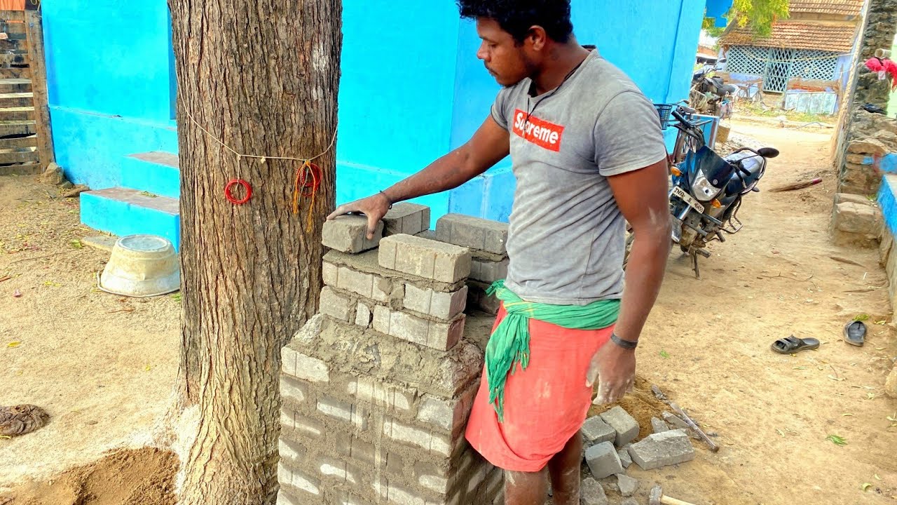 Pooja Mandir Design Brickwork_Outdoor Simple Temple Design Making with Bricks and cement mixer