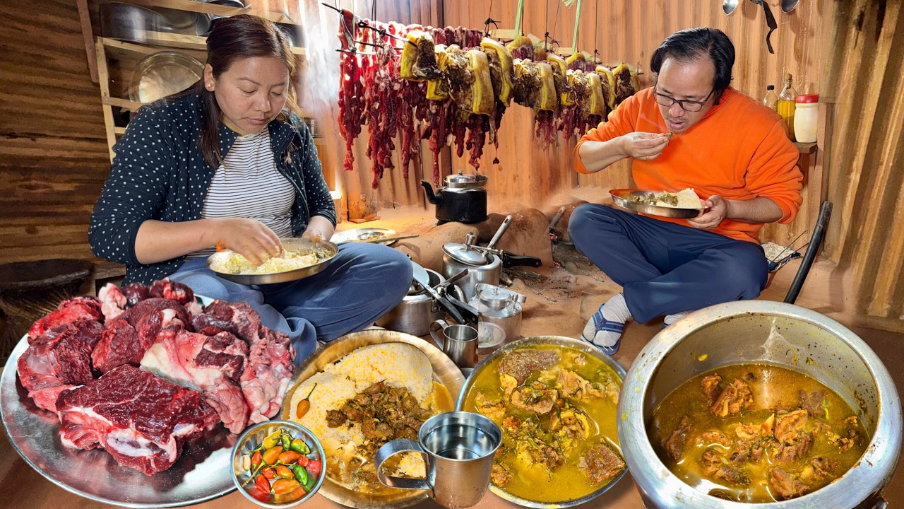 Real Village Style Buff Curry Cooking & Eating | Village Morning Meal | Nepali Life Vlog