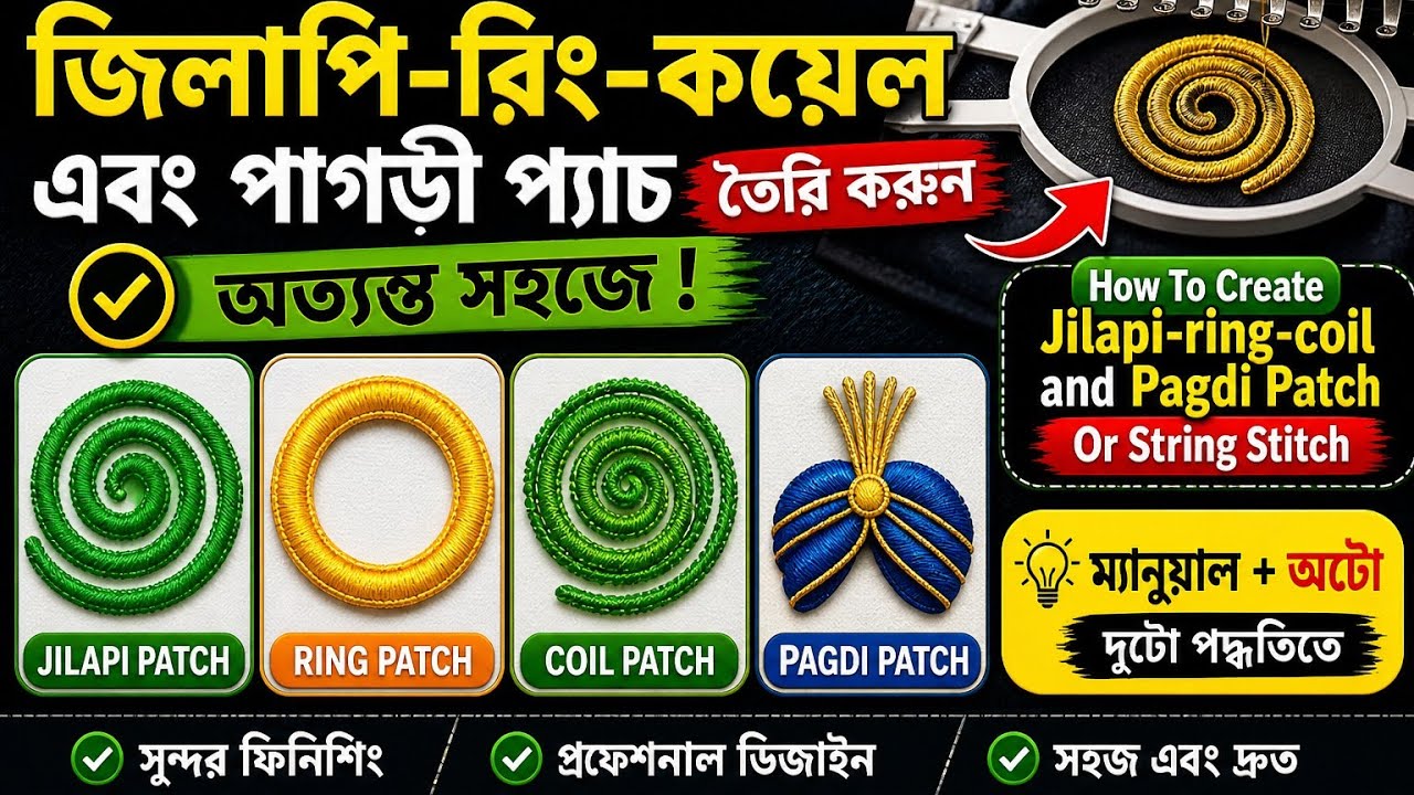 How To Create Jilapi-ring-coil and Pagdi Patch Or String Stitch.Wilcom E4 জিলাপি, রিং, কয়েল প্যাচ.