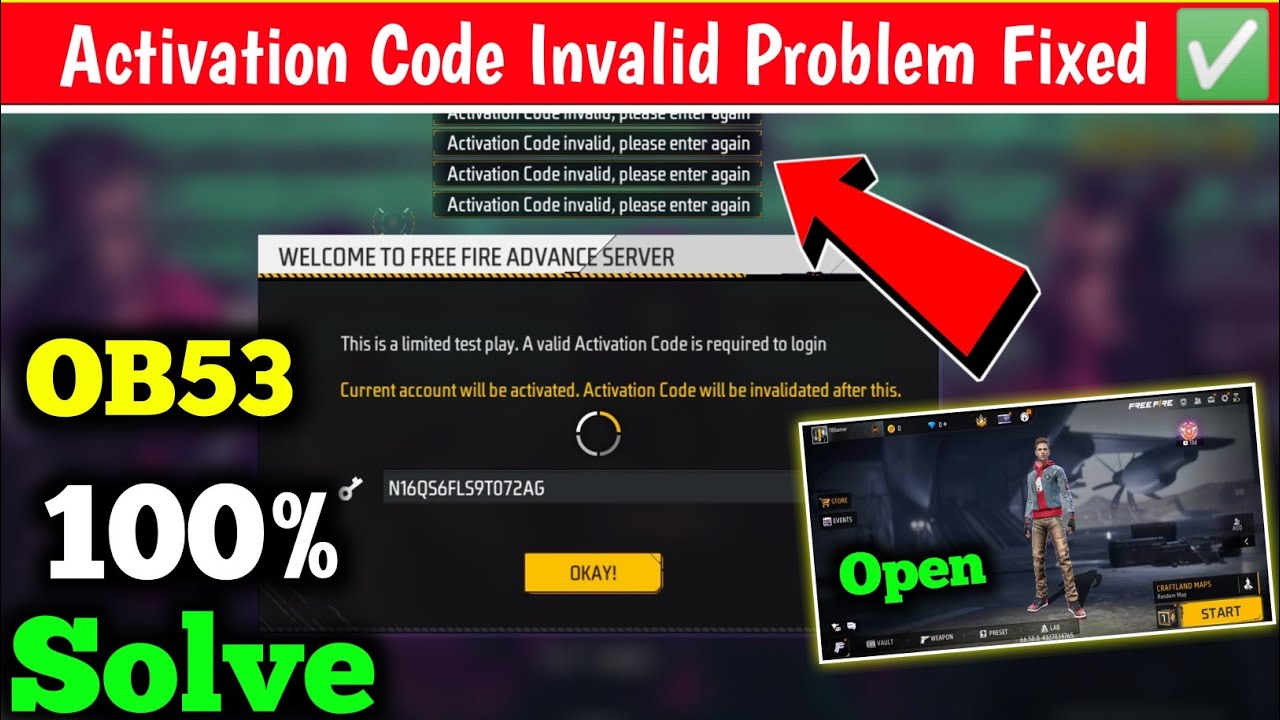 Activation code Invalid Please Enter Again Problem Solve in Free Fire OB53 Advance Server