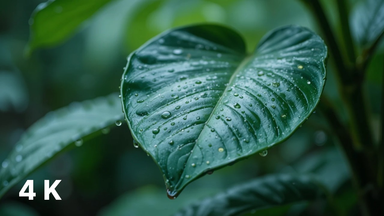 Clear Rain Dripping from Lush Green Leaves in 4K