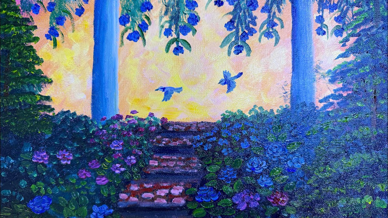 (Paradise garden) painting with flowers and birds flying