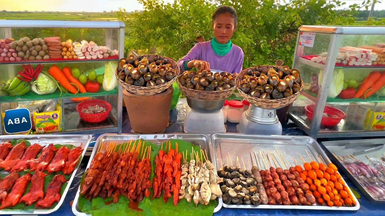 Best Rural Grilled SNAILS ! Popular Siem Reap Countryside Street Food served by Friendly Vendors