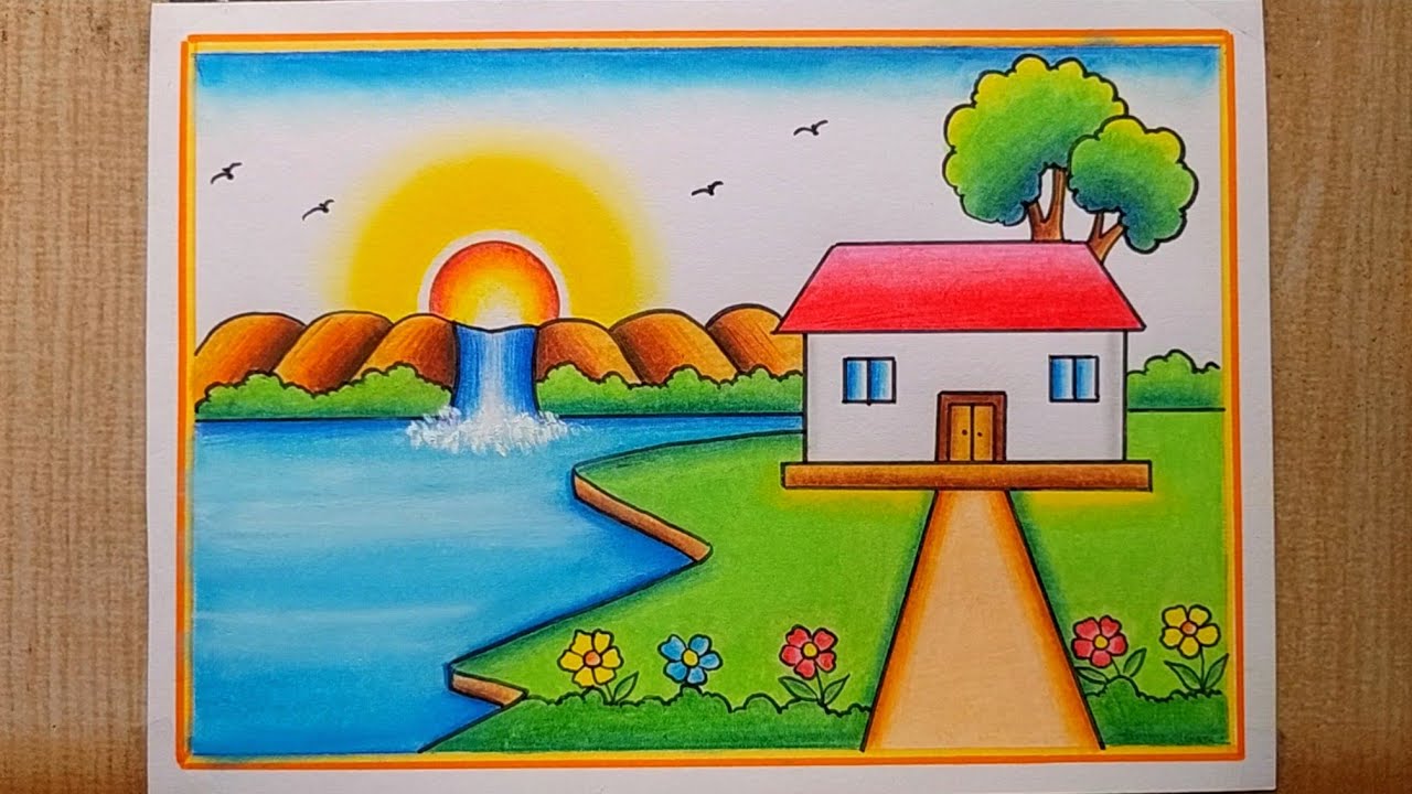 Landscape Scenery drawing easy| House Scenery drawing| Garden scenery drawing| Village scenery easy 