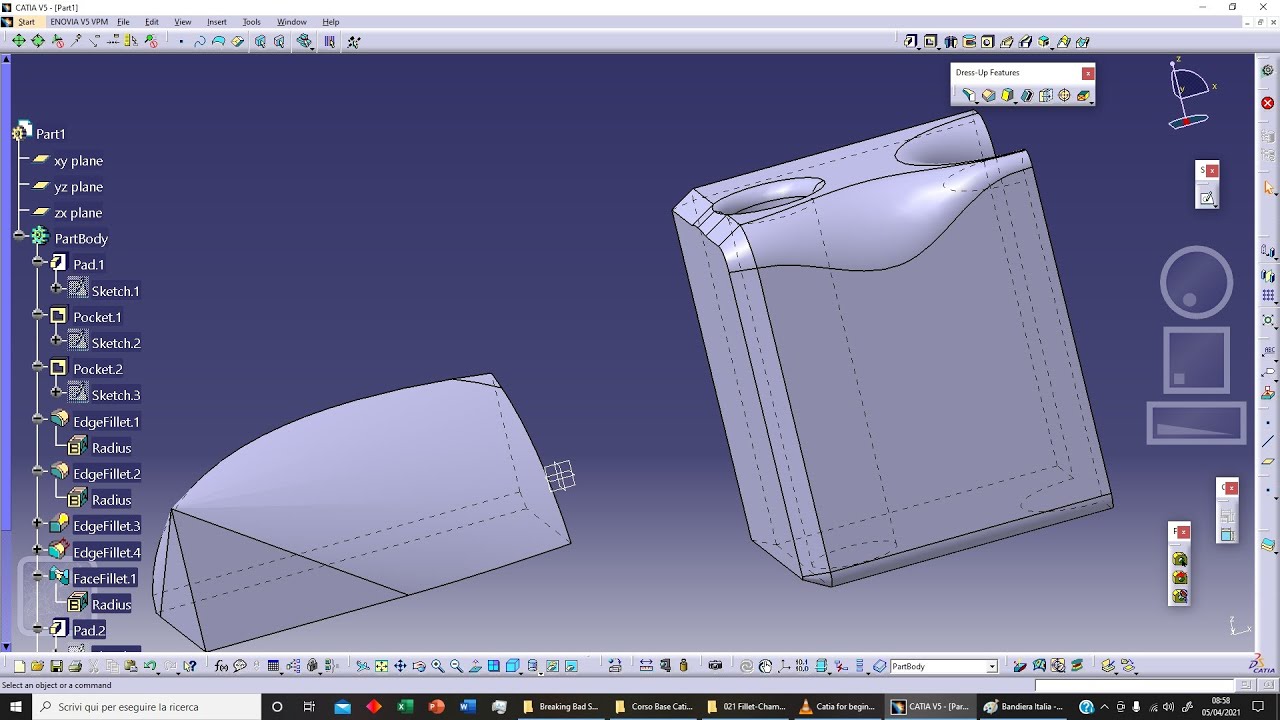 Catia v5 021: Edge Fillet, Variable Radius Fillet, Chordal Fillet, Face-Face Fillet, Tritangent.