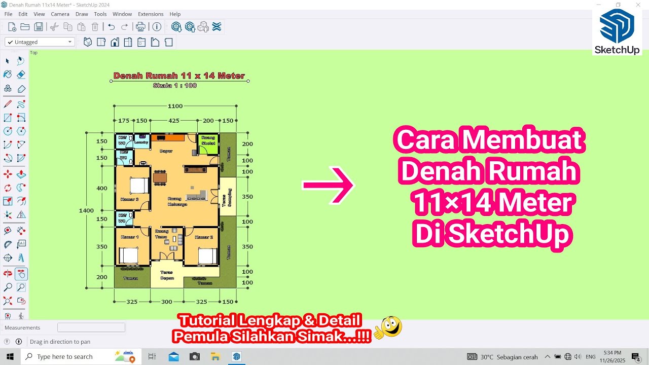 Cara Membuat Denah Rumah 11×14 Meter di SketchUp || Tutorial Lengkap & Detail
