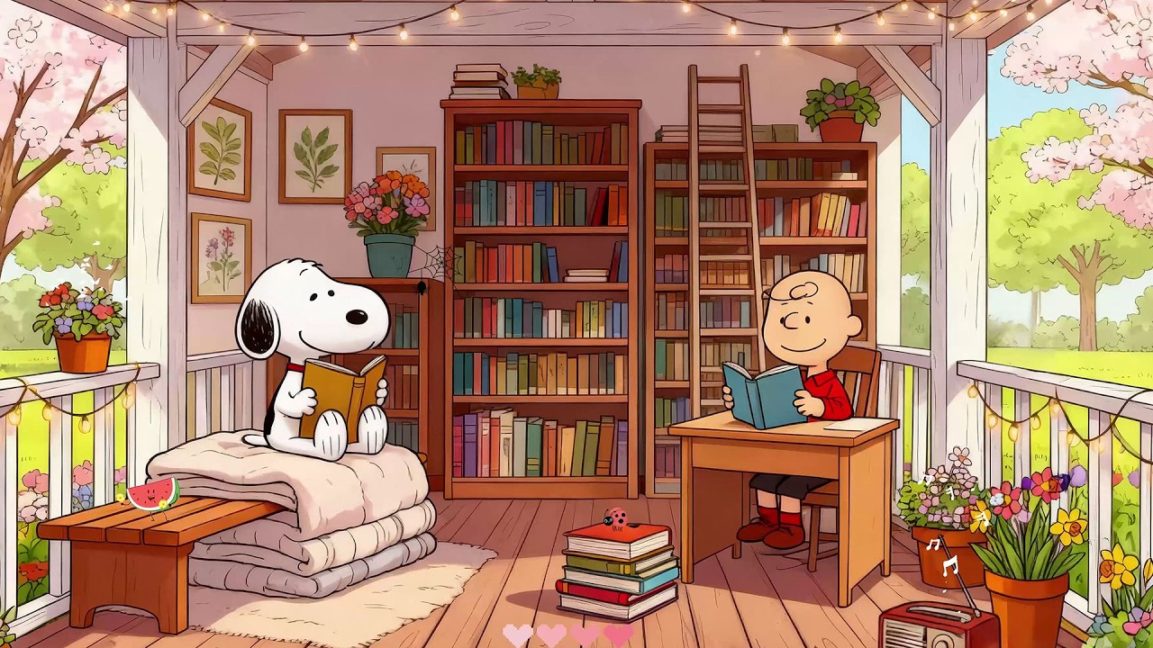 Snoopy’s Cozy Outdoor Library 🏡 Warm Spring Lofi   Relaxing Lofi Beats to Start Your Day Right ☀️