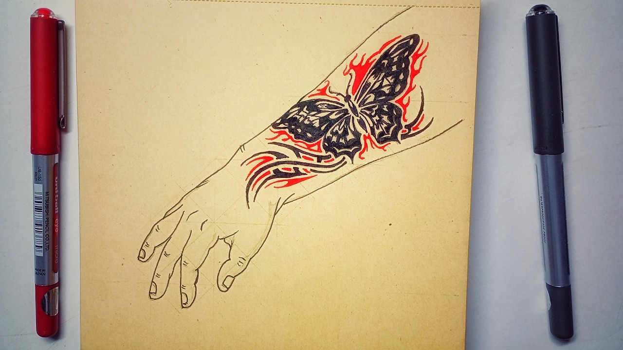 How to draw Tribal Butterfly Tattoo | Red & Black Gel Pen Art | Step-by-Step Tutorial