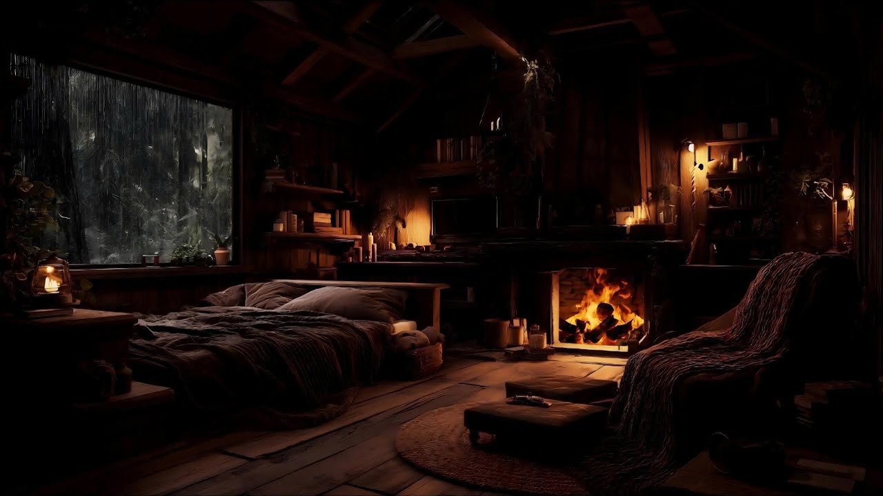 Deep Sleep Rain Sounds 🌧️ Cozy Cabin Fireplace, Thunder & Night Forest Ambience (No Ads)