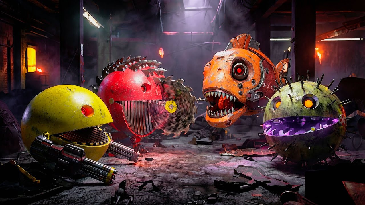 Pacman and Walking Robot Blade Escape the Moon Labyrinth While Lava Robot Takes Control