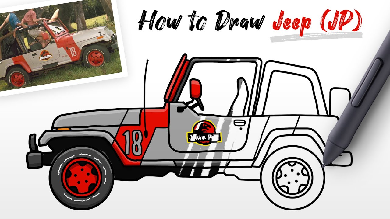 How to Draw Jeep from Jurassic Park and World movie (car vehicle) easy Step By Step