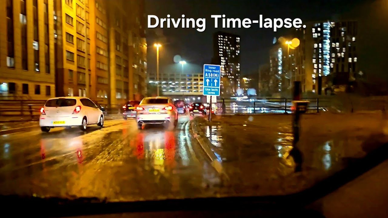 Evening driving in the rain. Time-lapse. 