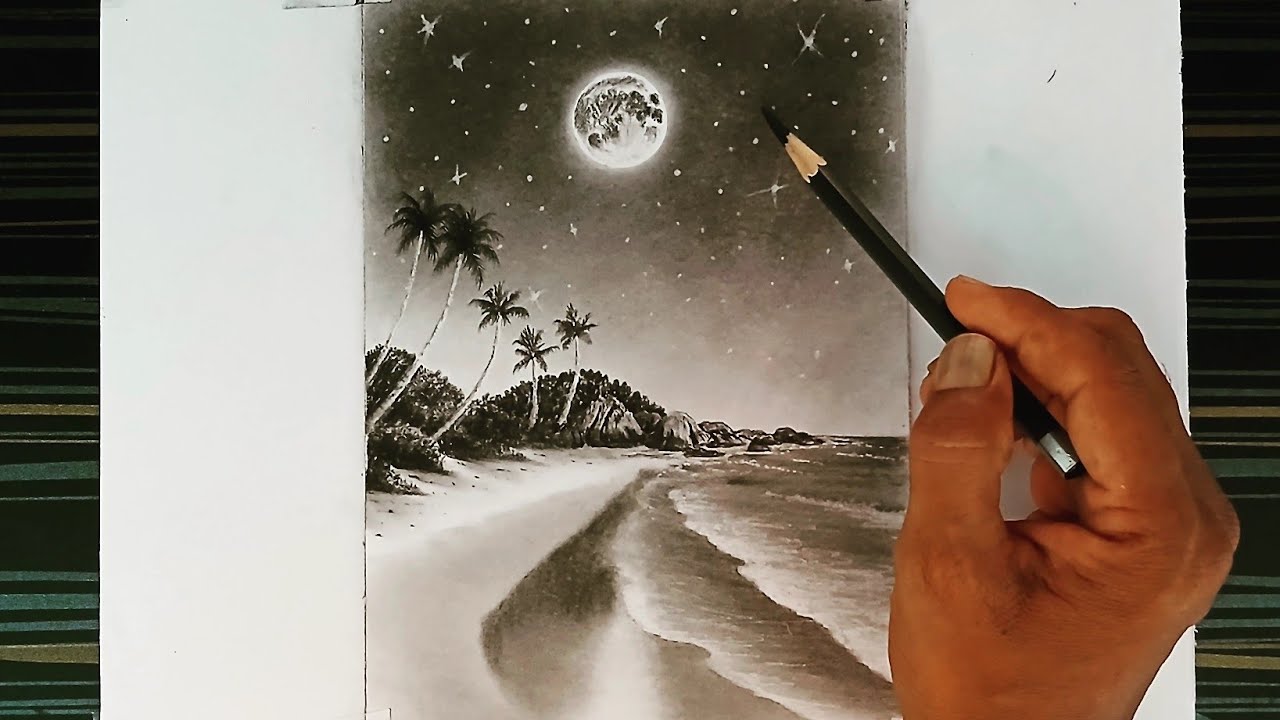 Moonlight beach landscape scenery drawing by pencil with easy ways.