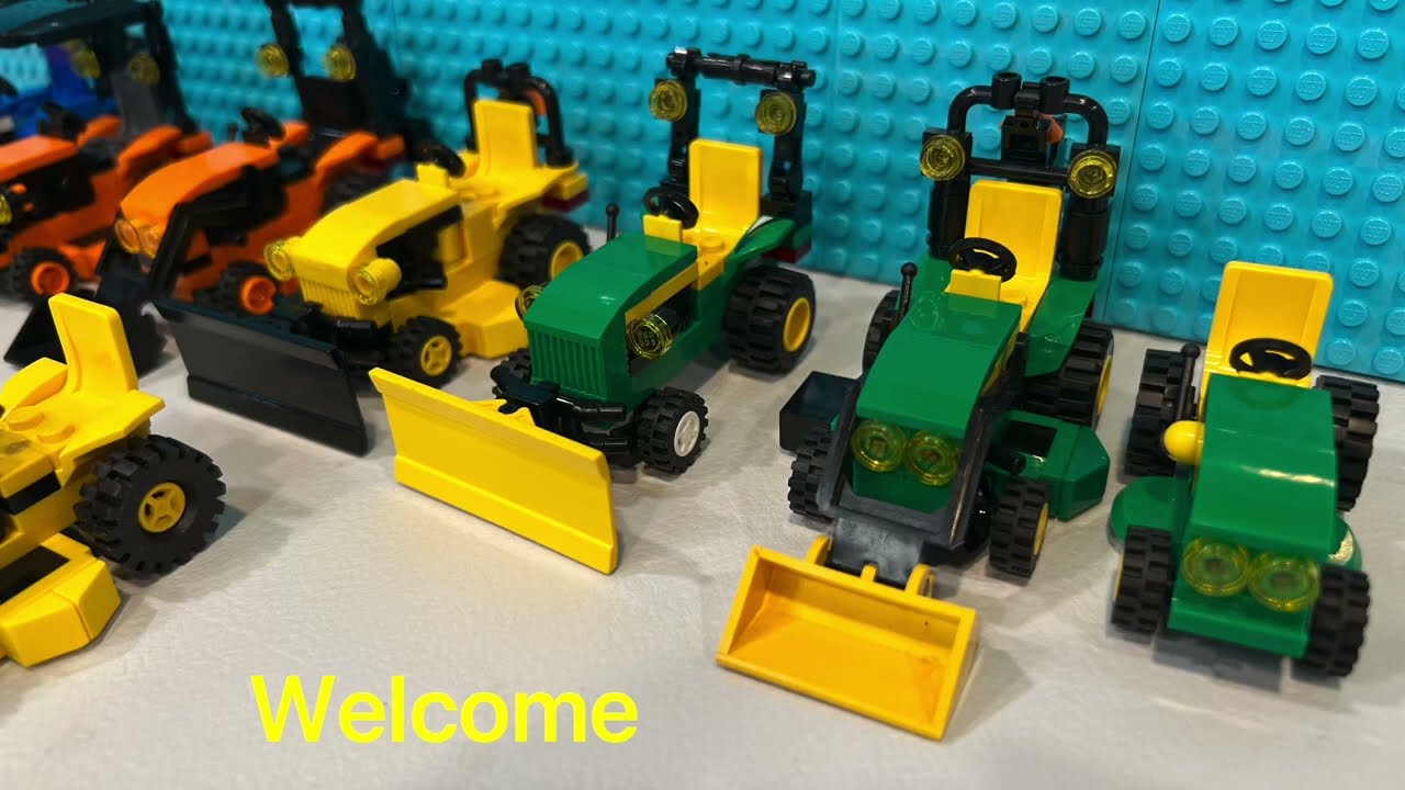 Коллекция тракторов LEGO, субкомпактные тракторы разных цветов. John Deere, Kubota, Case.