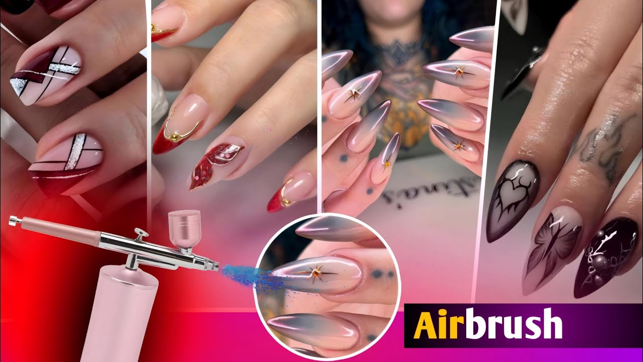 Airbrush nail design tutorial for beginners | Nail extension airbrush ombre nail designs simple