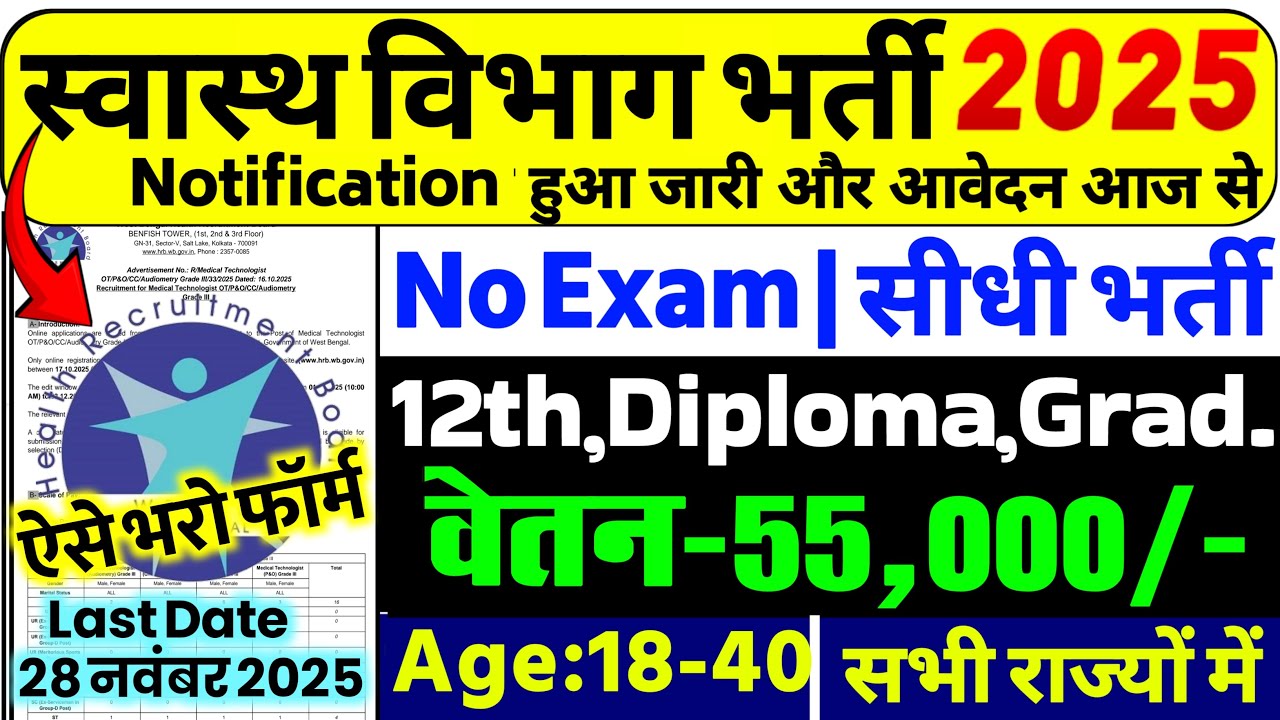 स्वास्थ्य विभाग भर्ती 2025 | Health Department New Vacancy 2025 | 12th Pass Govt Jobs | NHM Vacancy