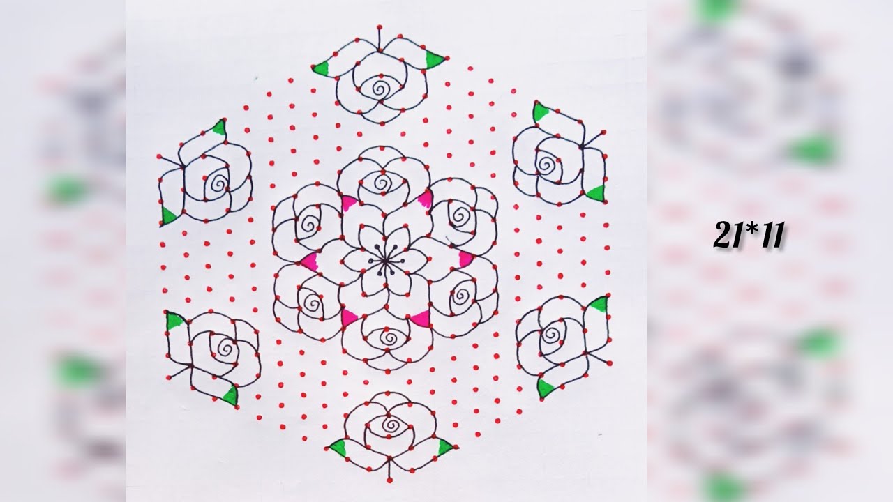 21*11 dots rangoli designs🌺🌺/flower rangoli/ special muggulu/ with dots 🌺