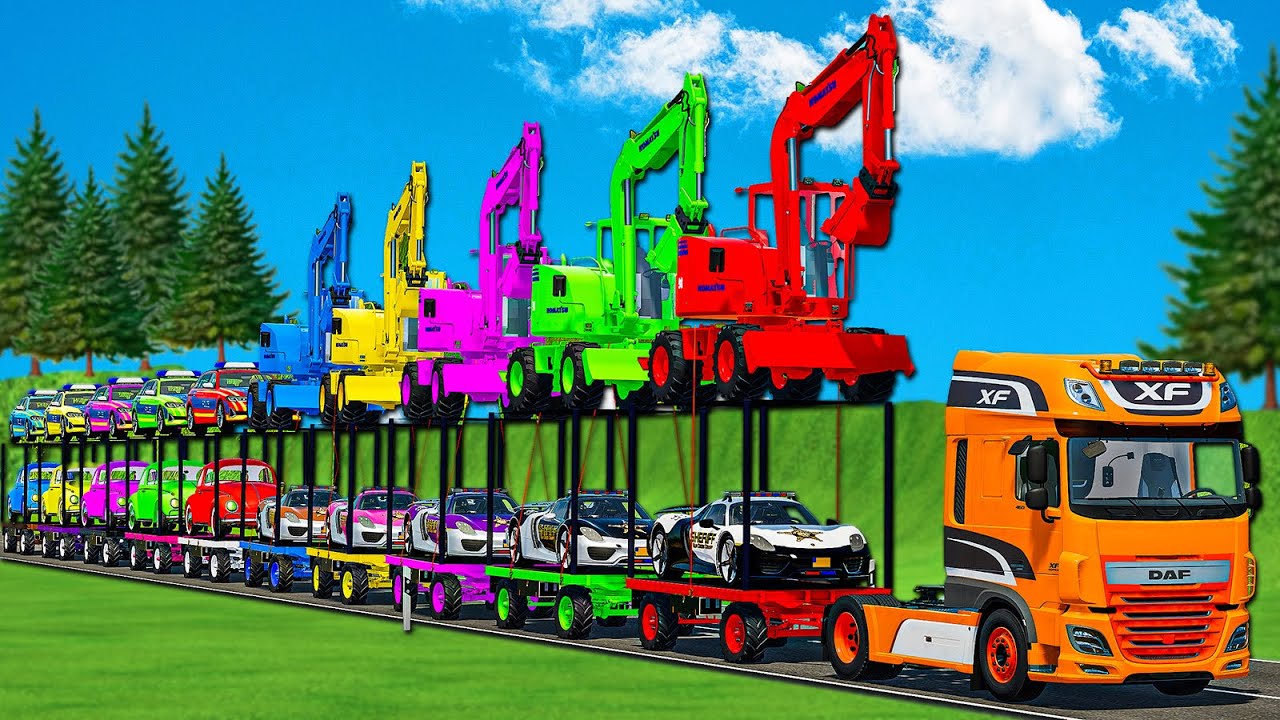 SUPER TRANSPORT FS22 LONG CONVOY KOMATSU EXCAVATORS, COPS PORSCHE, BMW & BEETLE! FS 22