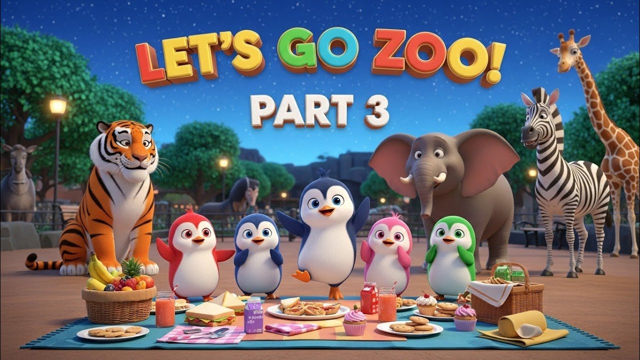Five Little Penguins Night Zoo Picnic 🐧🌙 | PART 3 | Fun Animals Song for Kids | WonderBadsTV