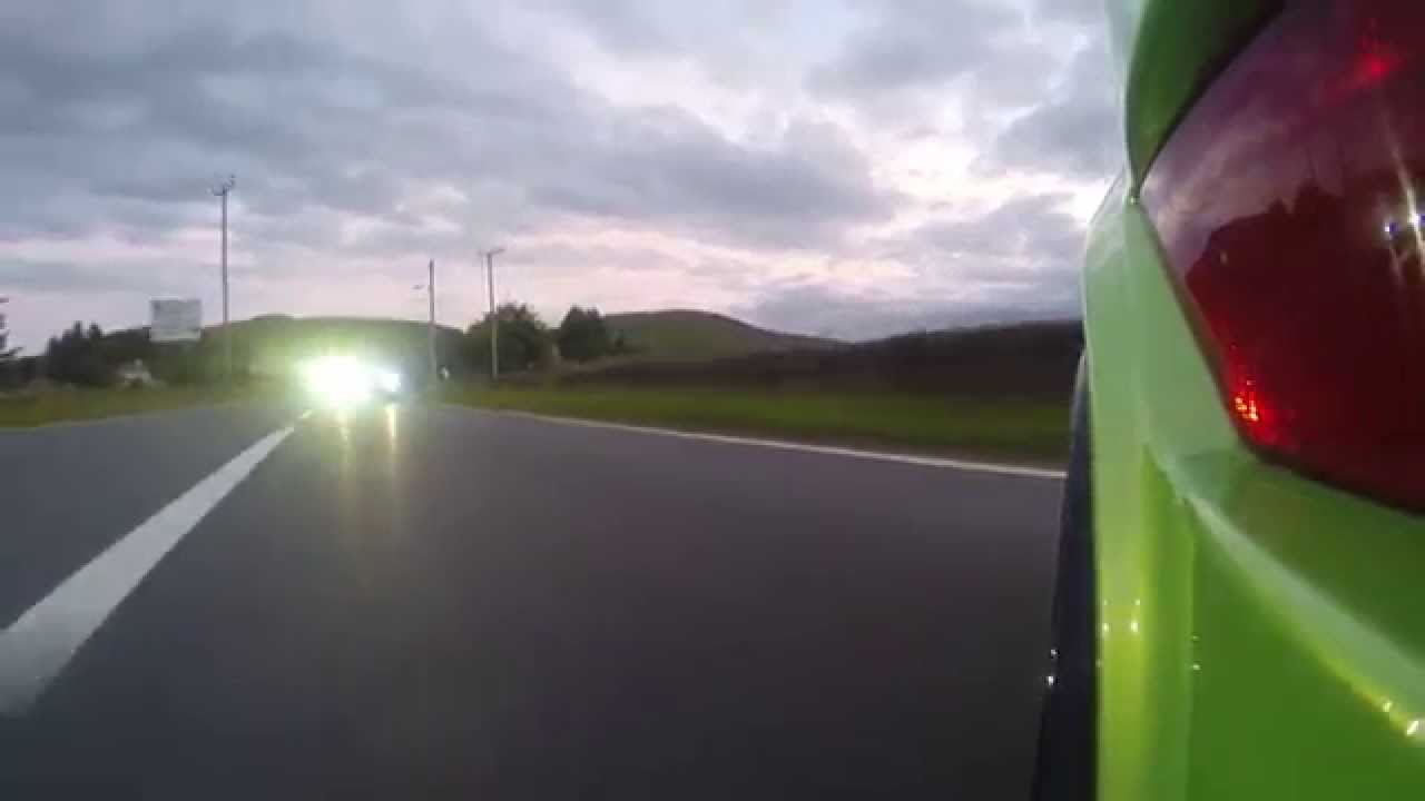 2 Nissan GTR's follow a flame spitting Focus RS