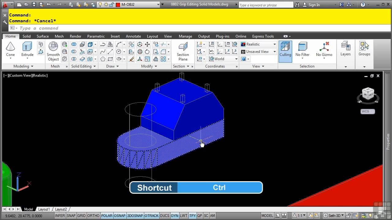 AutoCAD 3D Tutorial | Grip Editing Solid Models