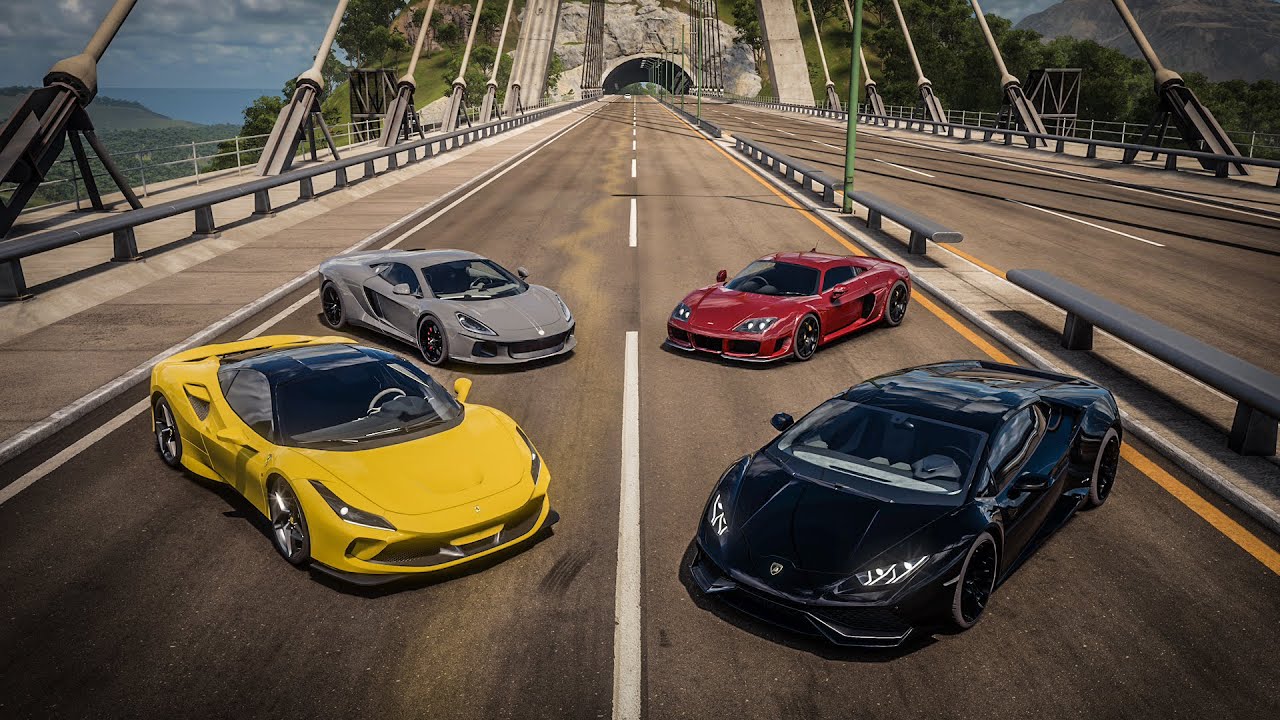 Forza Horizon 5 Drag race: Lamborghini Huracan Twin-Turbo vs Ferrari F8 vs Noble M600 vs ATS GT