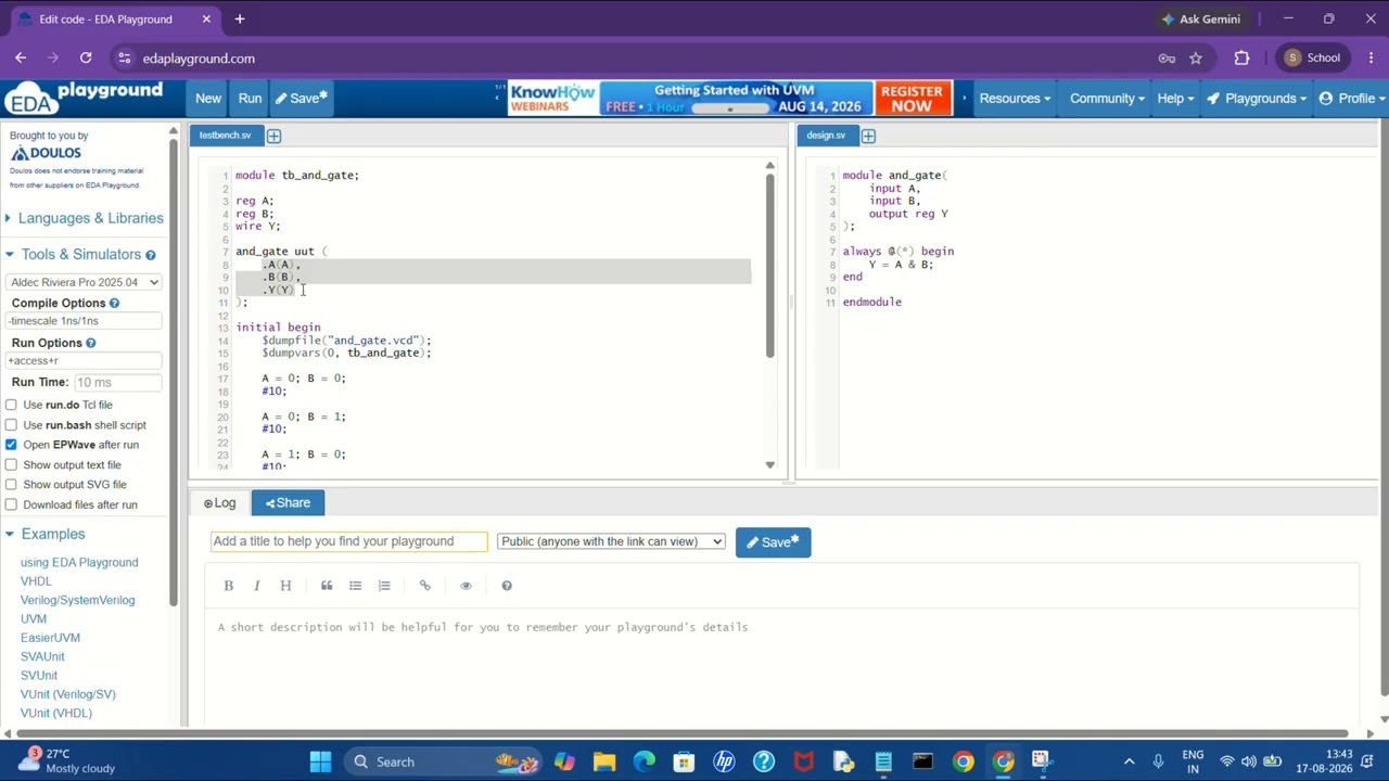 EDA PLAYGROUND Online Simulation of an AND Gate Using Verilog